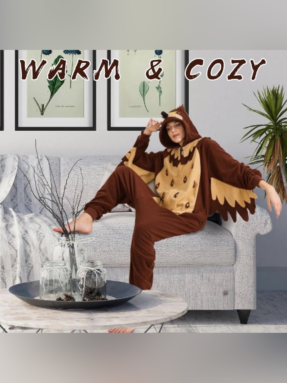 Halloween Brown Owl Adults Onesie - Cozy Hooded Jumpsuit - Picture 7 of 14